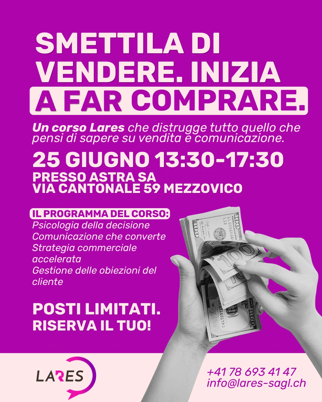 Locandina del corso Smettila di vendere. Inizia a far comprare. Di Lares Sagl